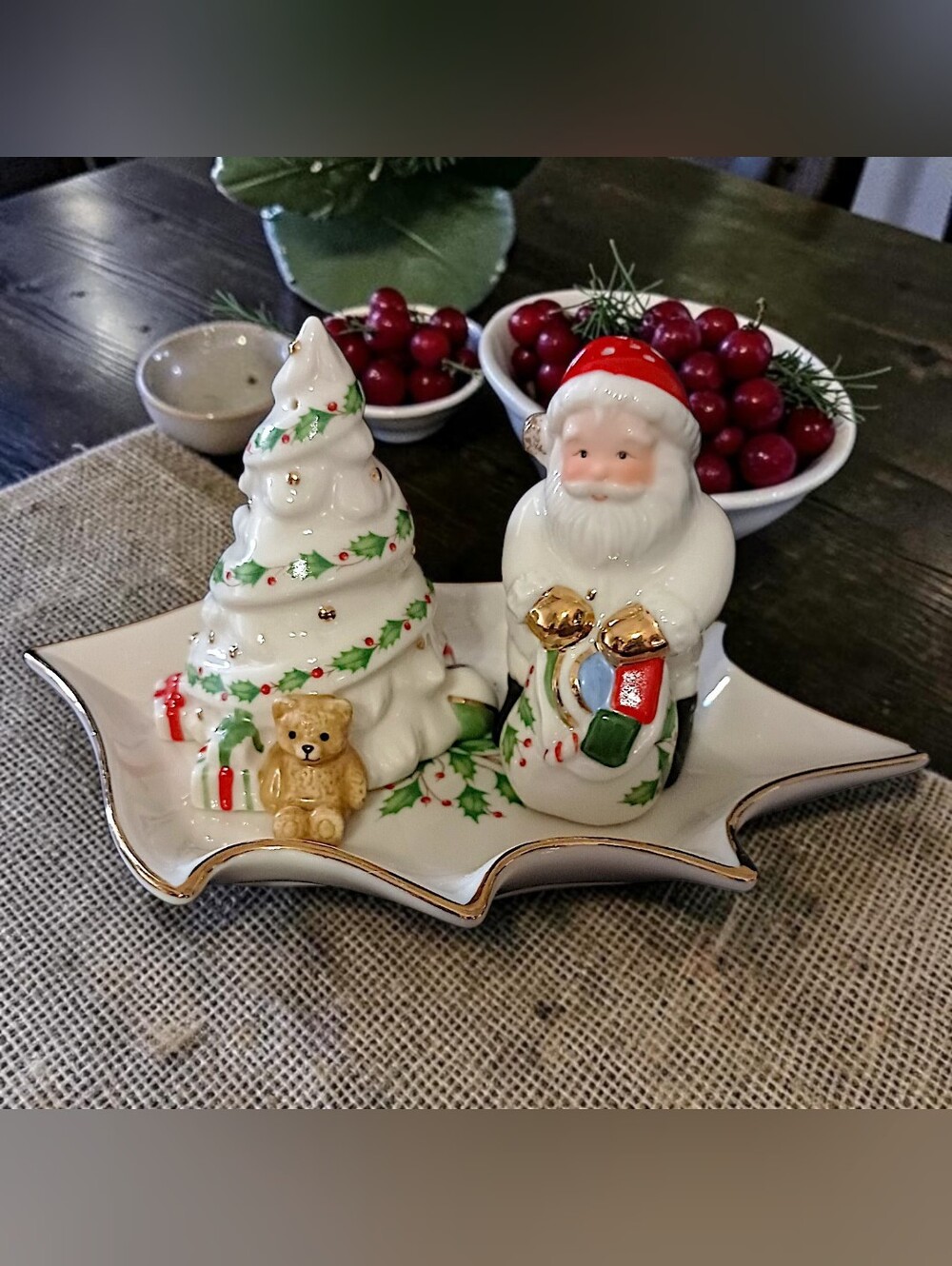 Lenox Santa Christmas Tree Salt Pepper Shakers Set Vintage Tray Boxed Holiday